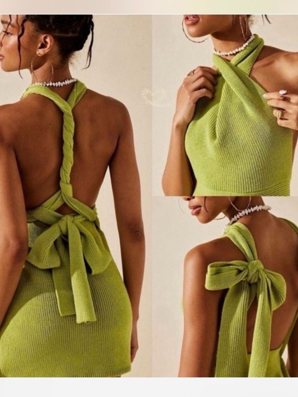 Free People Lime Green Backless Twist Halter Mini Dress